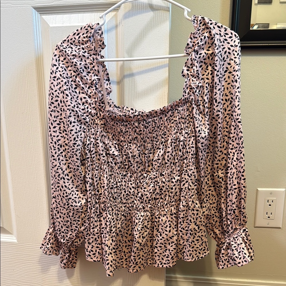 Pink Smocked Blouse with Ruffled Long Sleeves